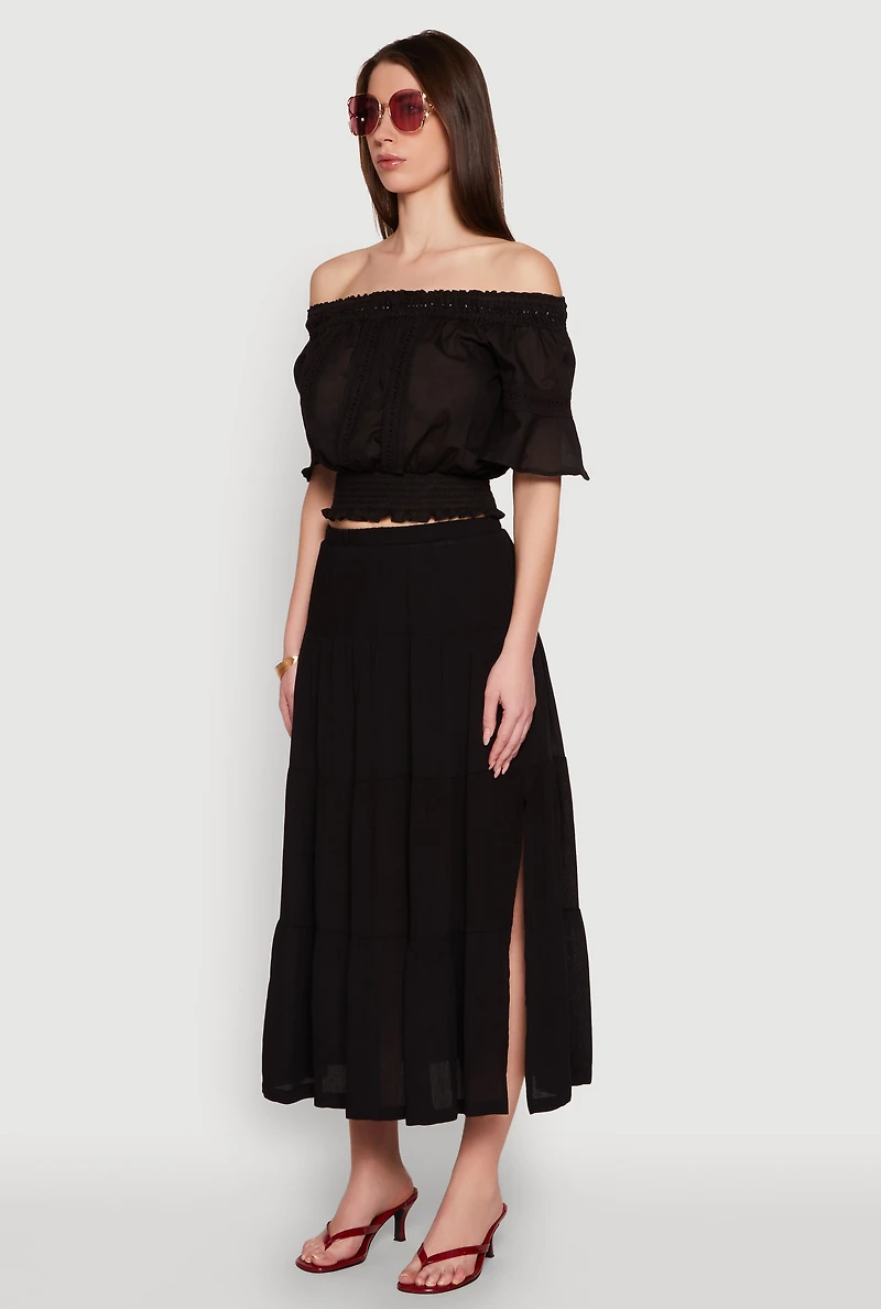 Womens Crochet Detail Off The Shoulder Crop Top, Black, Size S