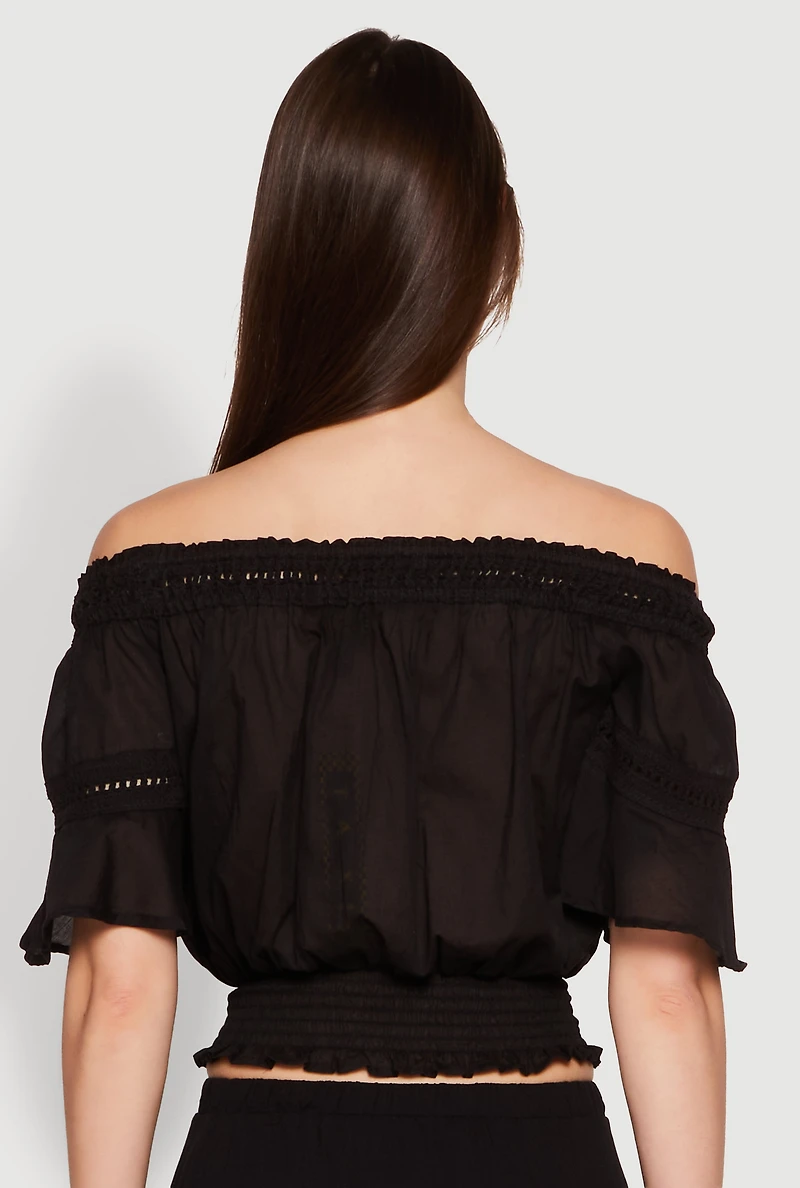 Womens Crochet Detail Off The Shoulder Crop Top, Black, Size S