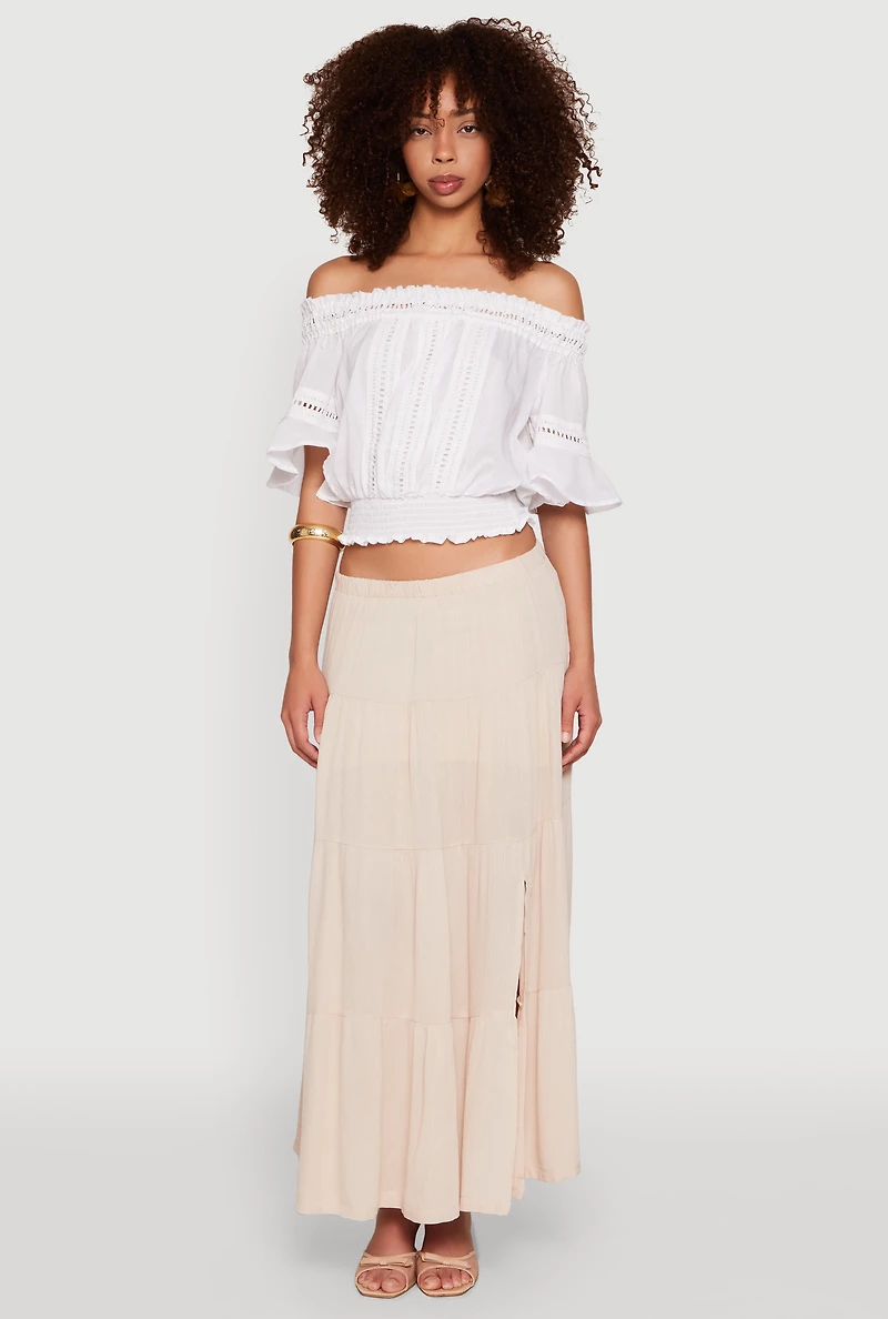 Womens Crochet Detail Off The Shoulder Crop Top, White, Size S