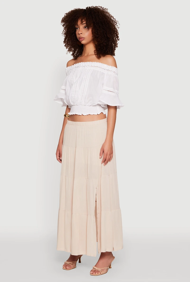 Womens Crochet Detail Off The Shoulder Crop Top, White, Size S