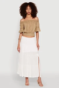 Womens Crochet Detail Off The Shoulder Crop Top, Beige, Size S