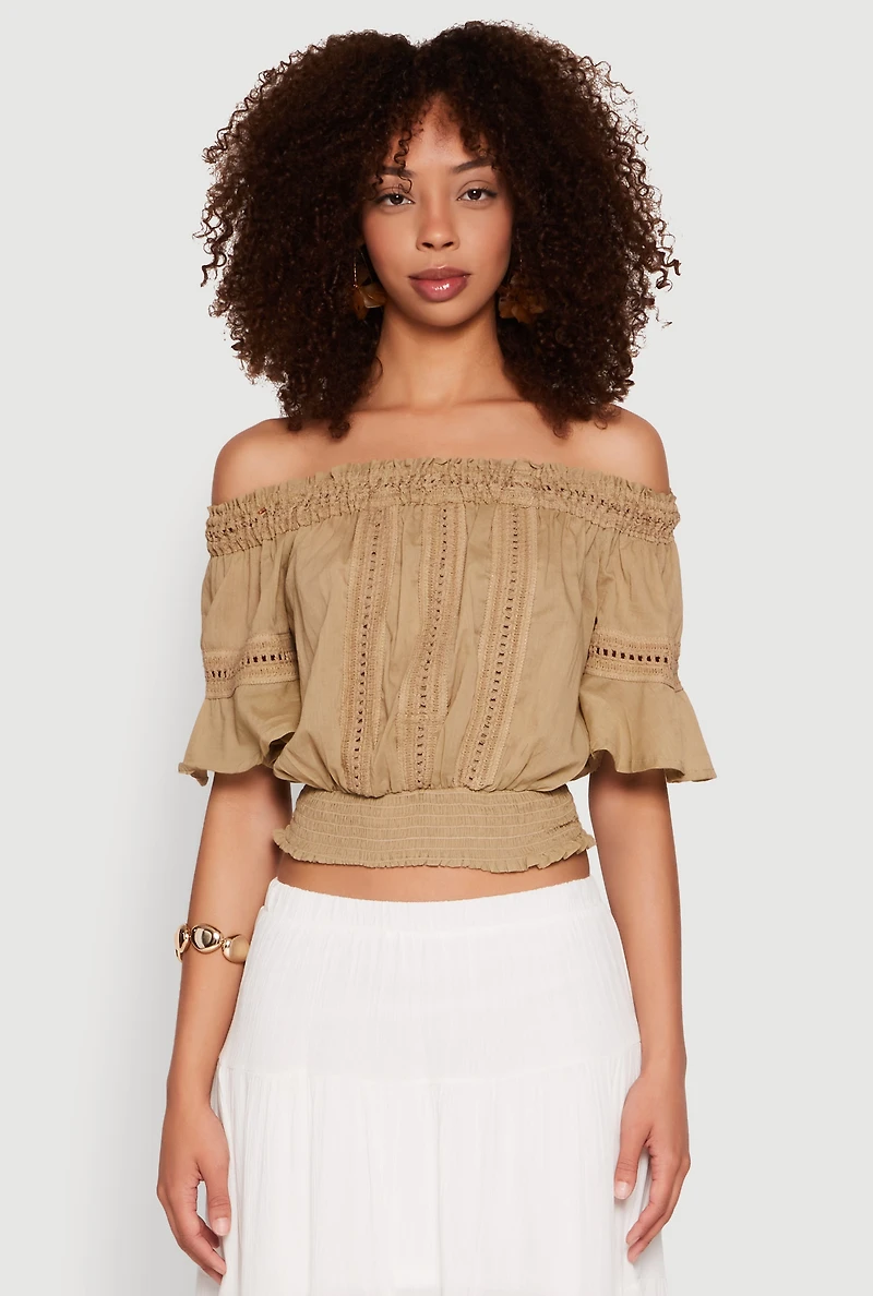 Womens Crochet Detail Off The Shoulder Crop Top, Beige, Size S