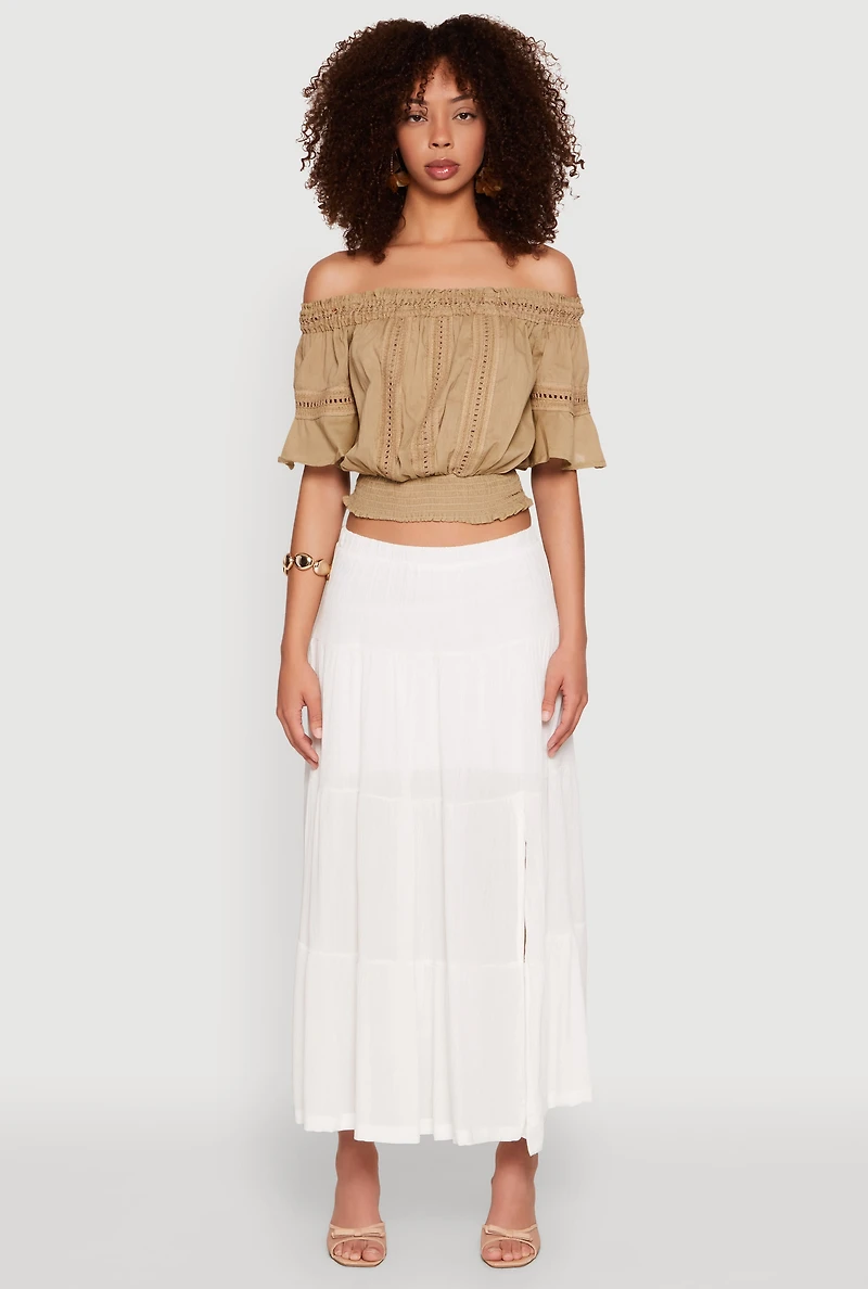 Womens Crochet Detail Off The Shoulder Crop Top, Beige, Size M