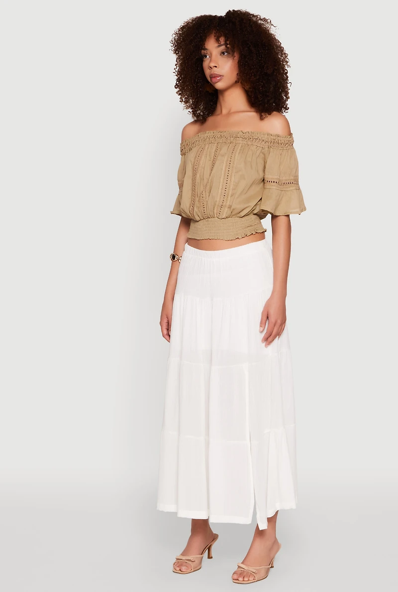 Womens Crochet Detail Off The Shoulder Crop Top, Beige, Size M