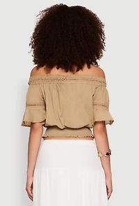 Womens Crochet Detail Off The Shoulder Crop Top, Beige,