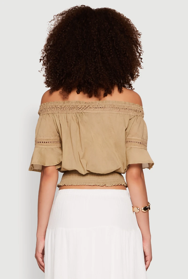 Womens Crochet Detail Off The Shoulder Crop Top, Beige, Size S