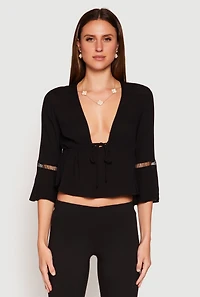 Womens Gauze Knit Tie Front Keyhole Blouse, Black, Size S