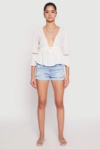 Womens Gauze Knit Tie Front Keyhole Blouse, White, Size S