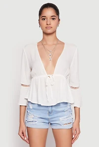 Womens Gauze Knit Tie Front Keyhole Blouse, White, Size S