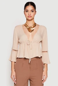 Womens Gauze Knit Tie Front Keyhole Blouse, Beige, Size S