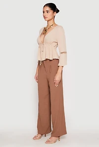 Womens Gauze Knit Tie Front Keyhole Blouse, Beige, Size S