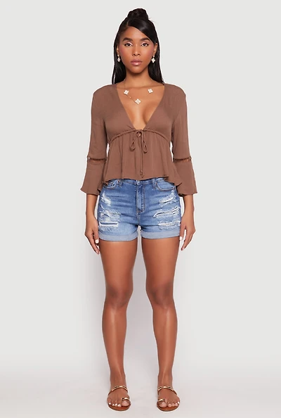 Gauze Knit Tie Front Keyhole Blouse