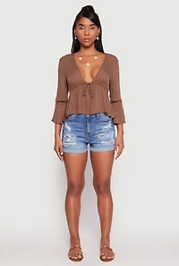 Gauze Knit Tie Front Keyhole Blouse