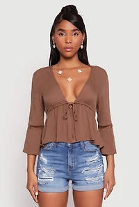 Gauze Knit Tie Front Keyhole Blouse