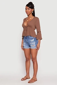 Gauze Knit Tie Front Keyhole Blouse