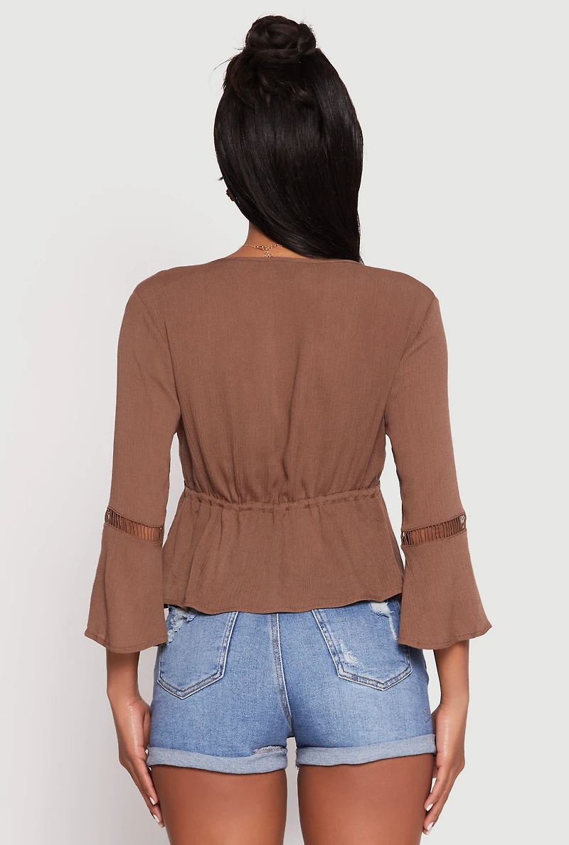 Gauze Knit Tie Front Keyhole Blouse