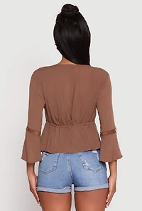 Gauze Knit Tie Front Keyhole Blouse