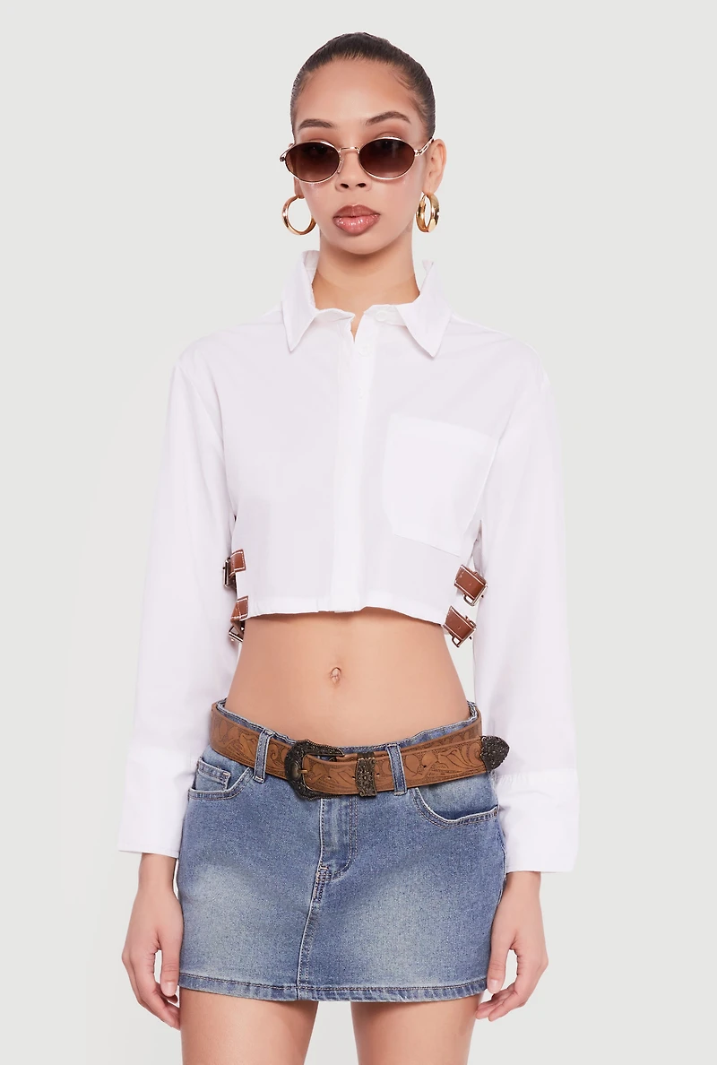 Buckle Detail Button Front Cropped Blouse