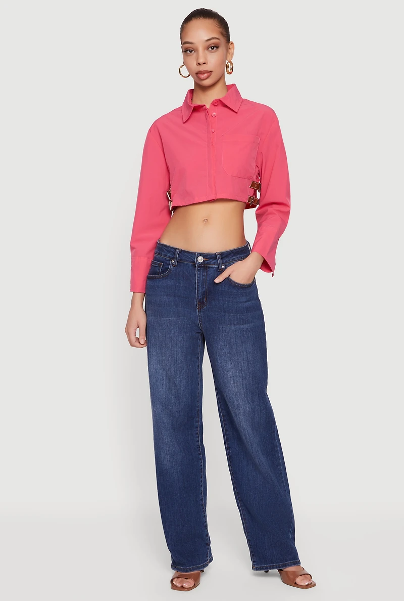 Buckle Detail Button Front Cropped Blouse