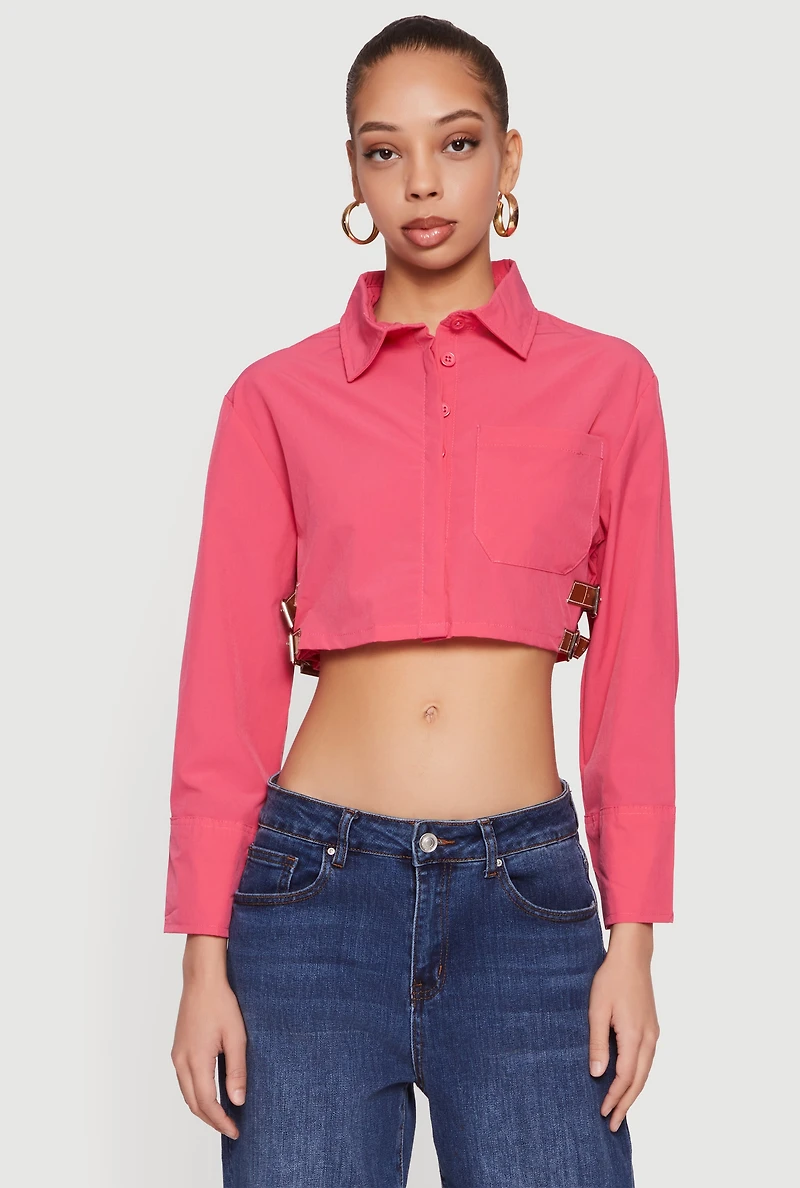 Buckle Detail Button Front Cropped Blouse