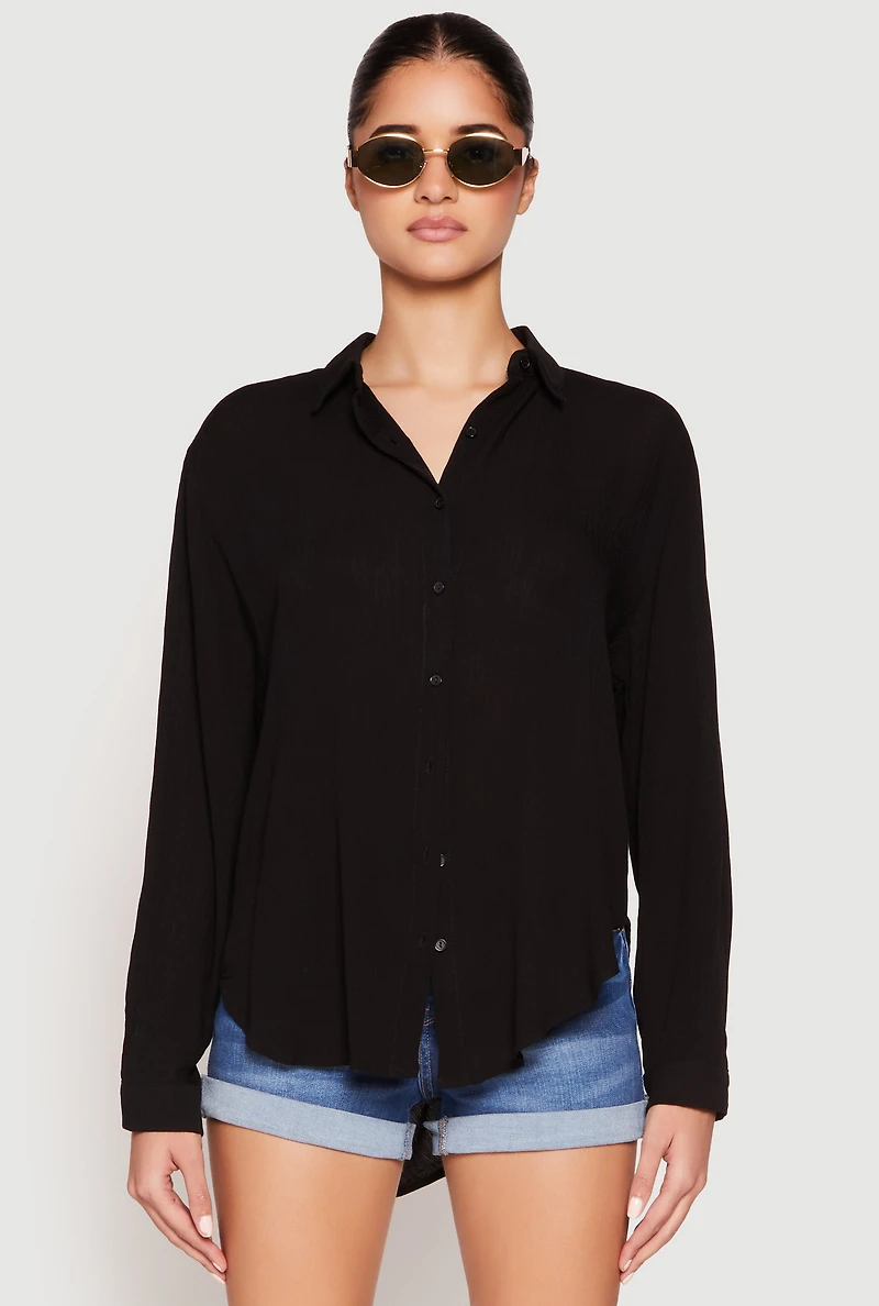 Womens Gauze Knit Twist Back Button Front Shirt, Black, Size M