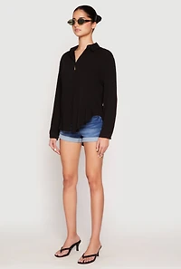 Womens Gauze Knit Twist Back Button Front Shirt, Black, Size M