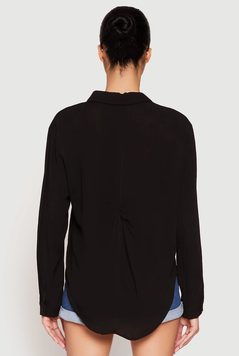 Womens Gauze Knit Twist Back Button Front Shirt, Black, Size M