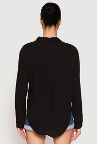 Womens Gauze Knit Twist Back Button Front Shirt, Black, Size M