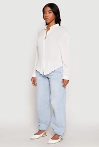 Womens Gauze Knit Twist Back Button Front Shirt, White,