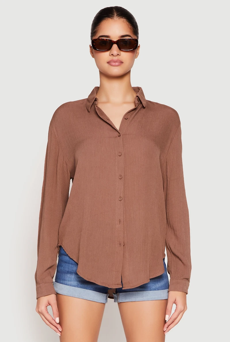 Womens Gauze Knit Twist Back Button Front Shirt, Brown, Size M