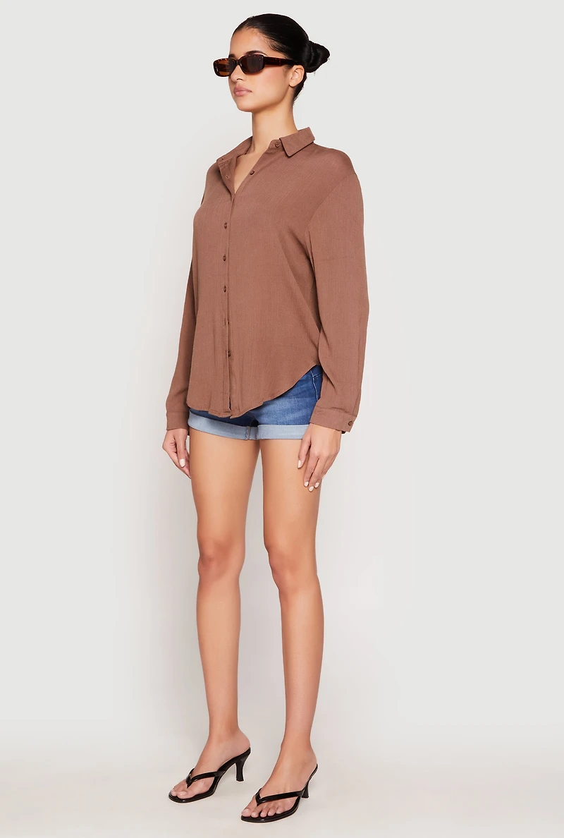 Womens Gauze Knit Twist Back Button Front Shirt, Brown, Size M