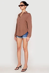 Womens Gauze Knit Twist Back Button Front Shirt, Brown, Size M