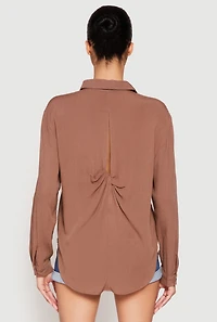 Womens Gauze Knit Twist Back Button Front Shirt, Brown, Size M