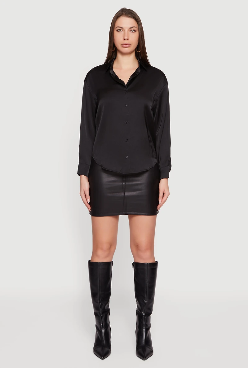 Satin Long Sleeve Button Front Blouse