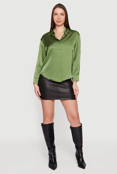 Womens Satin Long Sleeve Button Front Blouse,