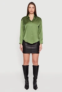 Womens Satin Long Sleeve Button Front Blouse,