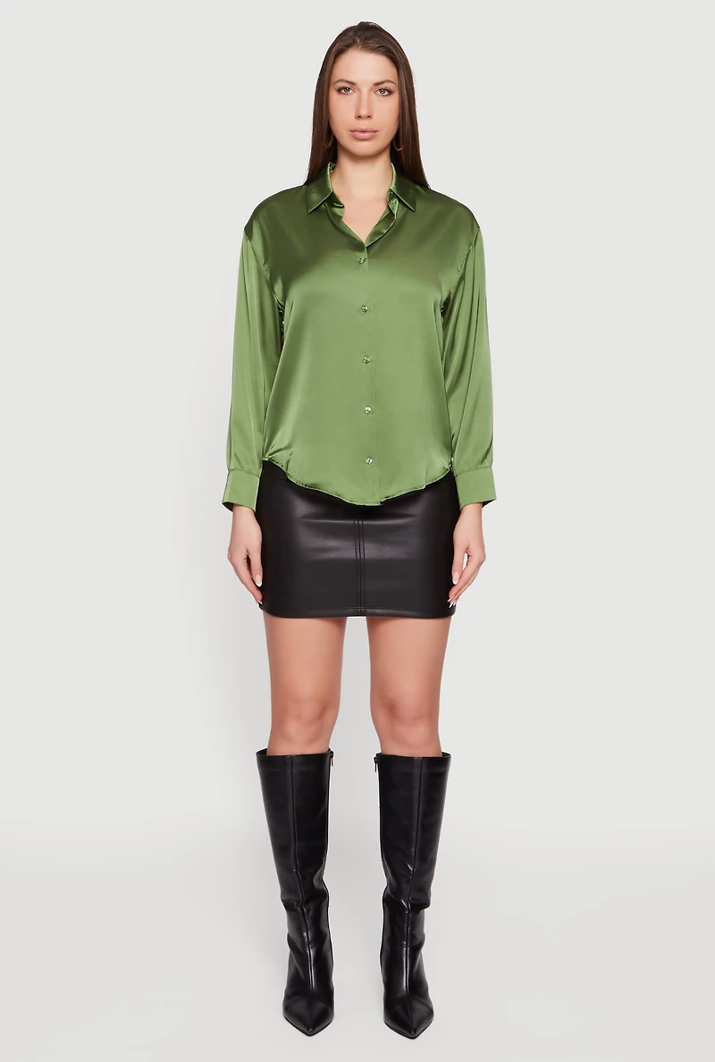 Satin Long Sleeve Button Front Blouse