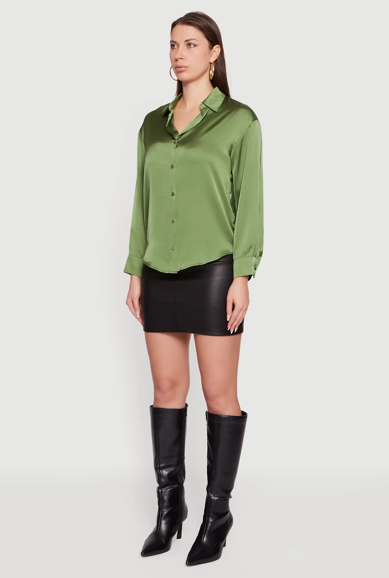 Satin Long Sleeve Button Front Blouse