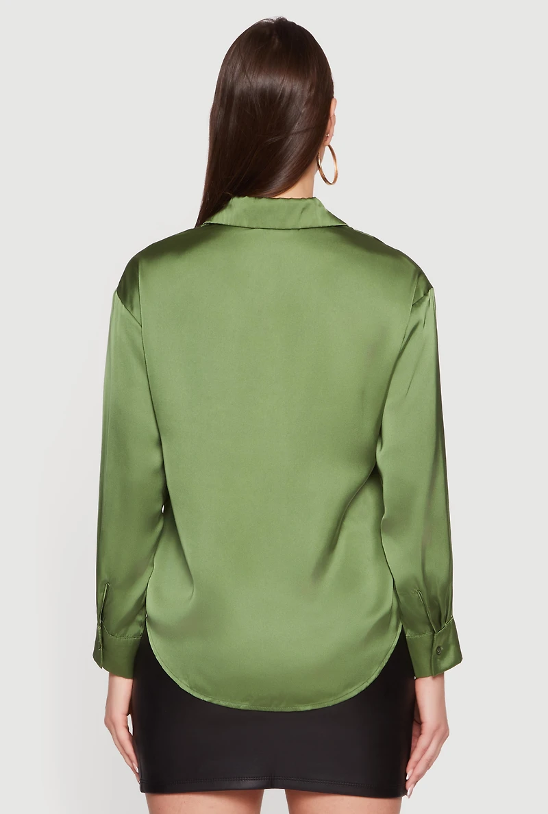 Womens Satin Long Sleeve Button Front Blouse,