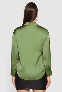 Womens Satin Long Sleeve Button Front Blouse,