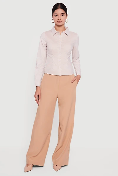 Womens Pinstripe Long Sleeve Button Front Shirt, Beige, Size L