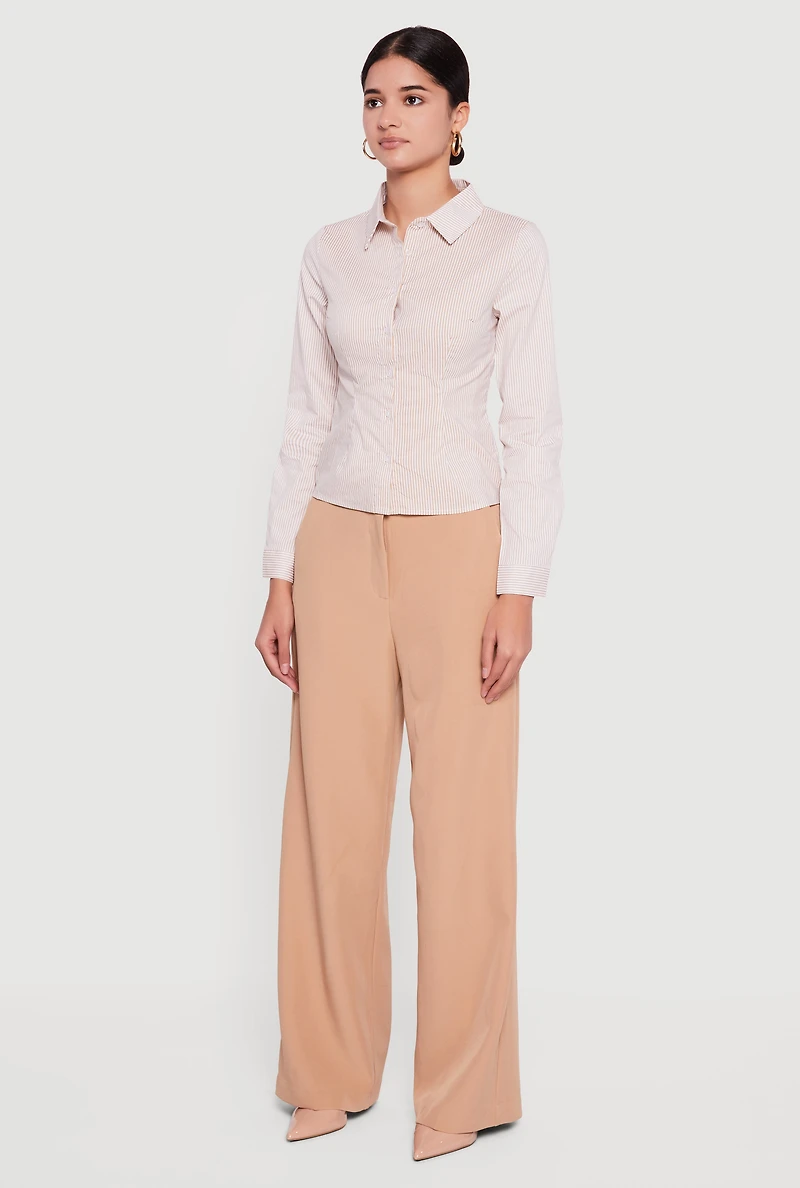 Womens Pinstripe Long Sleeve Button Front Shirt, Beige, Size L