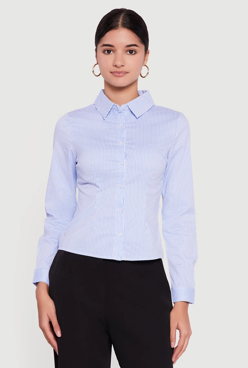 Womens Pinstripe Long Sleeve Button Front Shirt, Blue, Size M