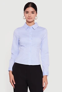 Womens Pinstripe Long Sleeve Button Front Shirt, Blue, Size M