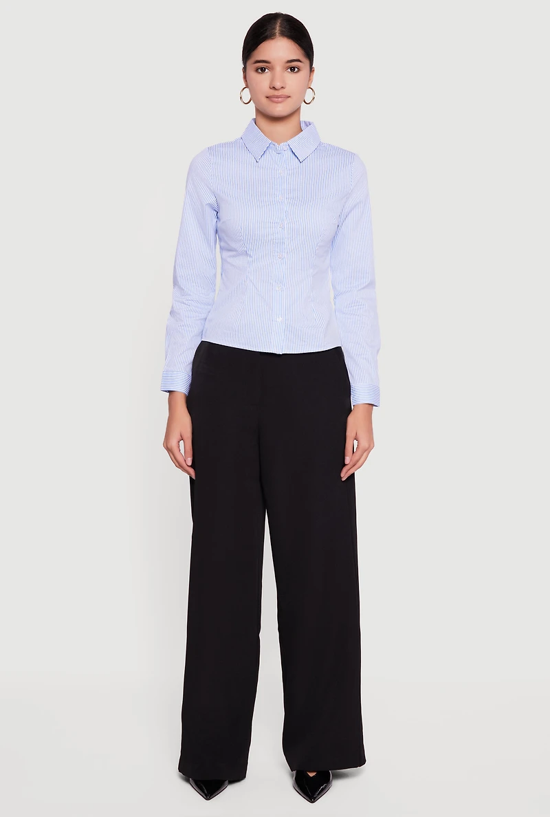 Womens Pinstripe Long Sleeve Button Front Shirt, Blue, Size M