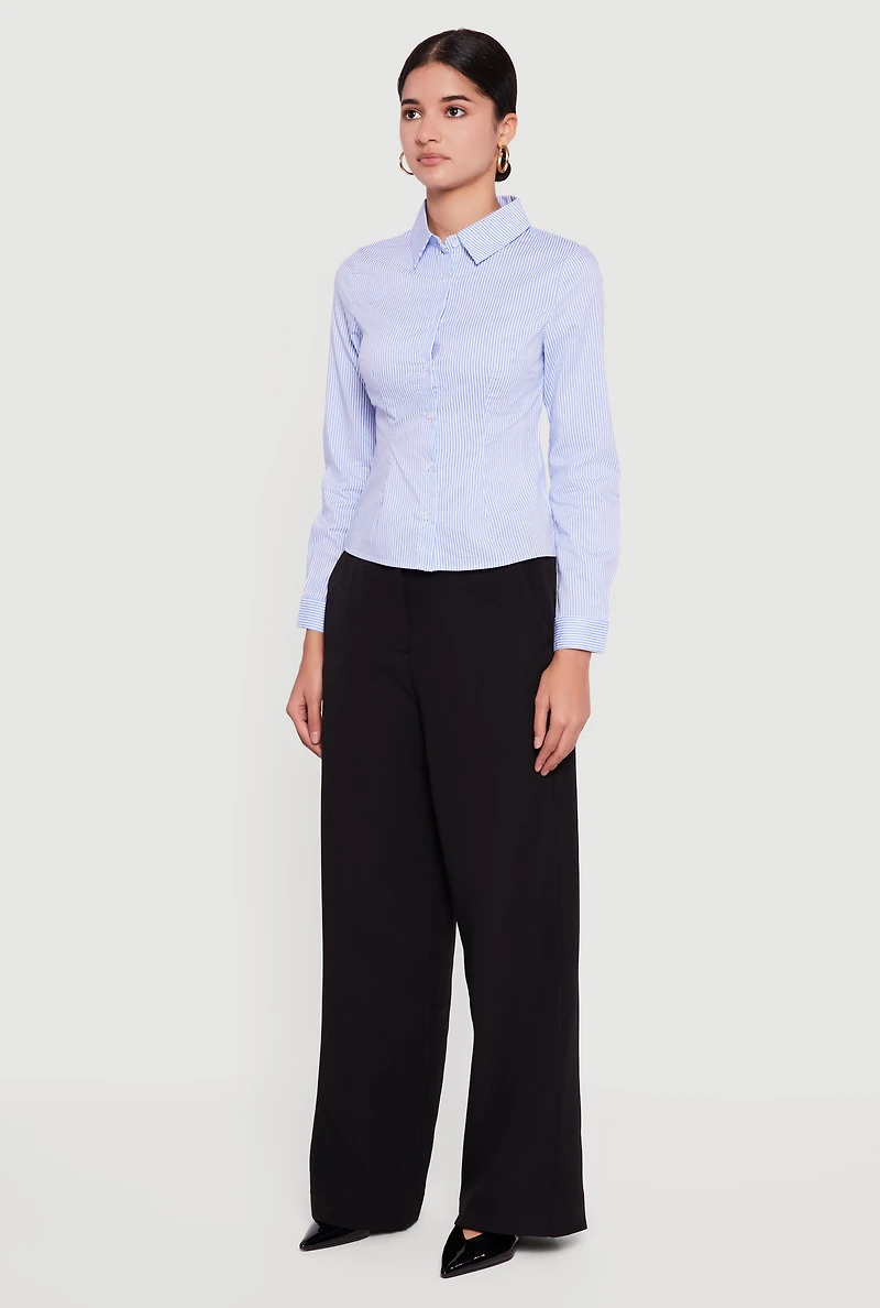 Womens Pinstripe Long Sleeve Button Front Shirt, Blue, Size M