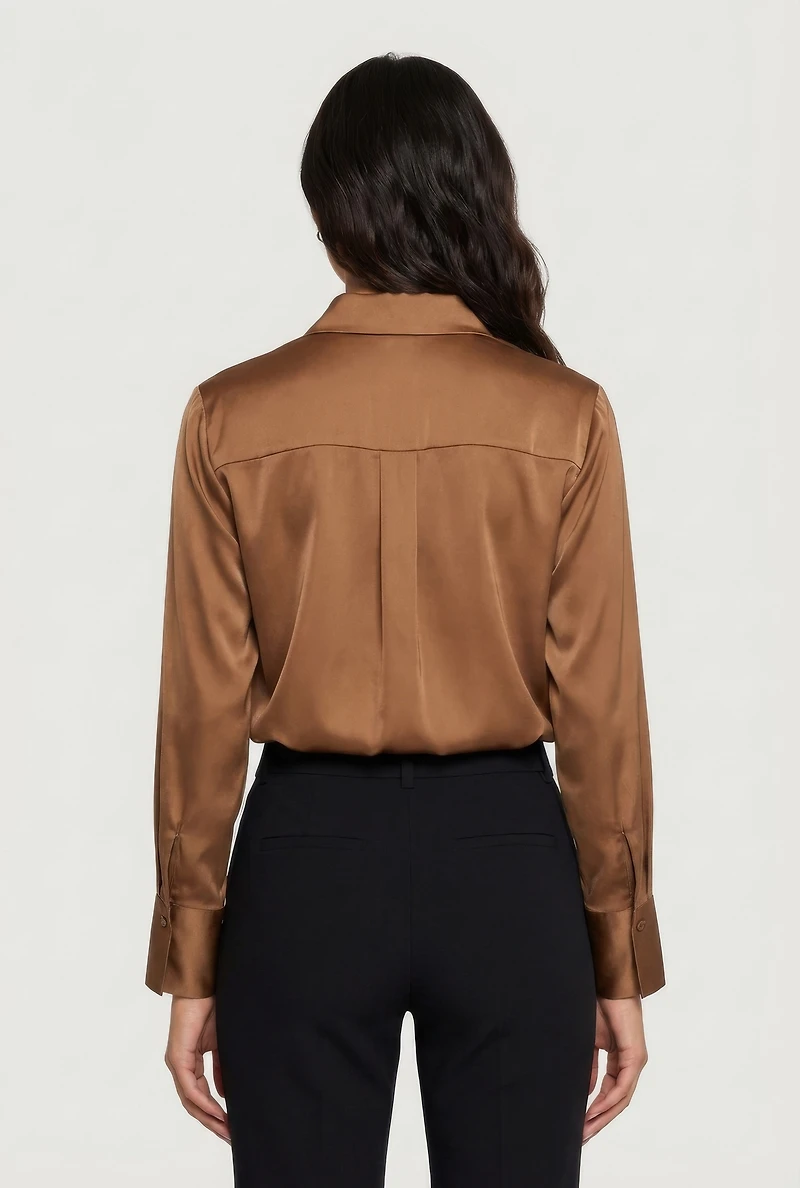 Satin Button Front Long Sleeve Shirt