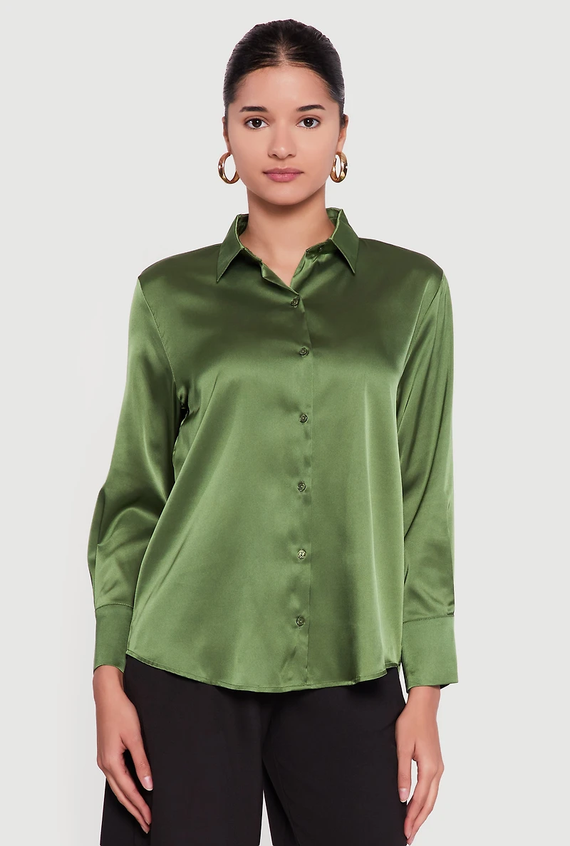 Satin Button Front Long Sleeve Shirt