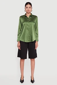Satin Button Front Long Sleeve Shirt