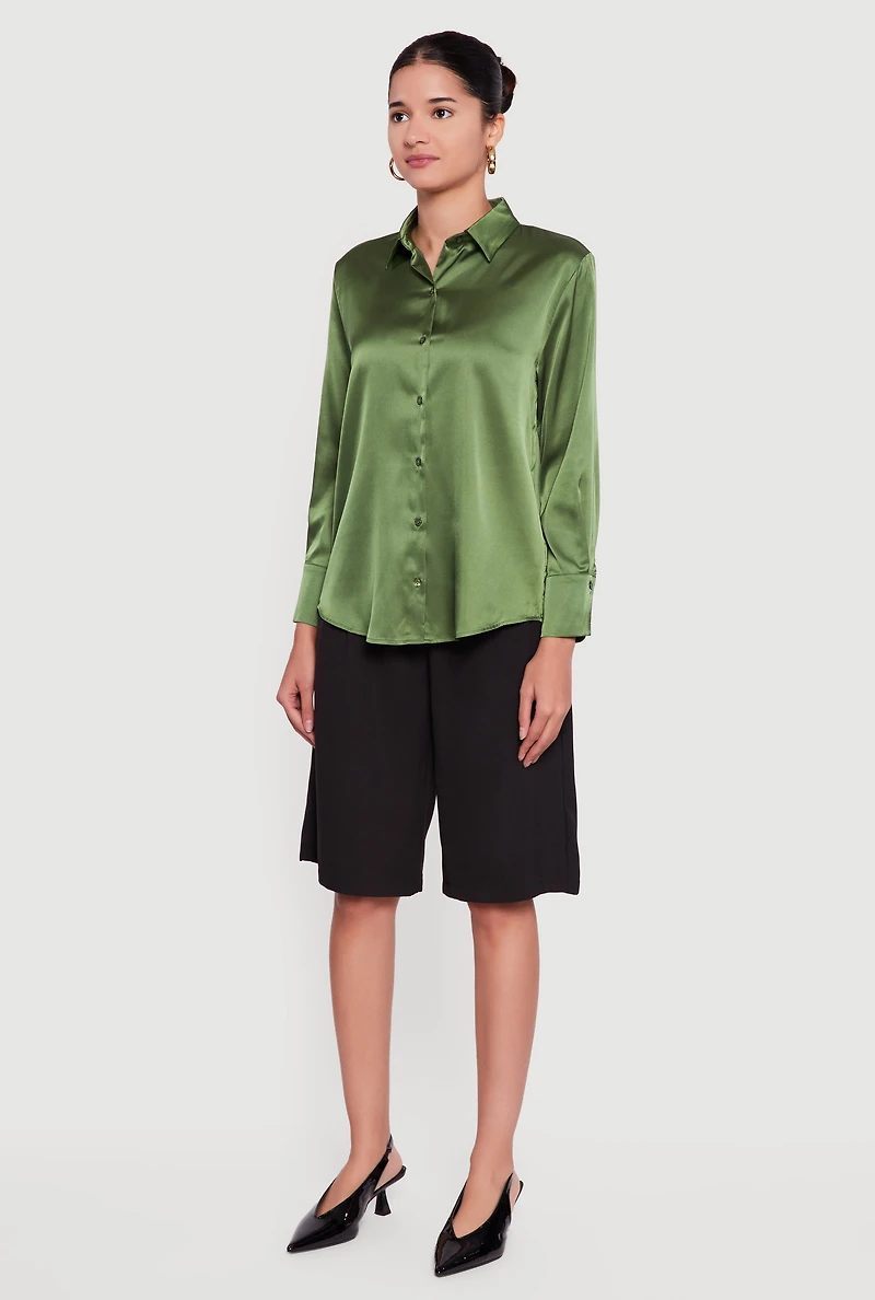 Satin Button Front Long Sleeve Shirt